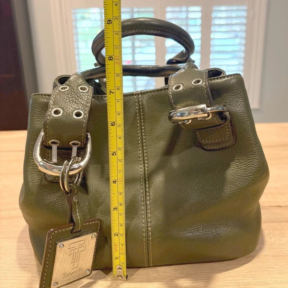 Tignanello Olive Green Pebbled‎ Leather Satchel Buckle Handbag Silver Hardware